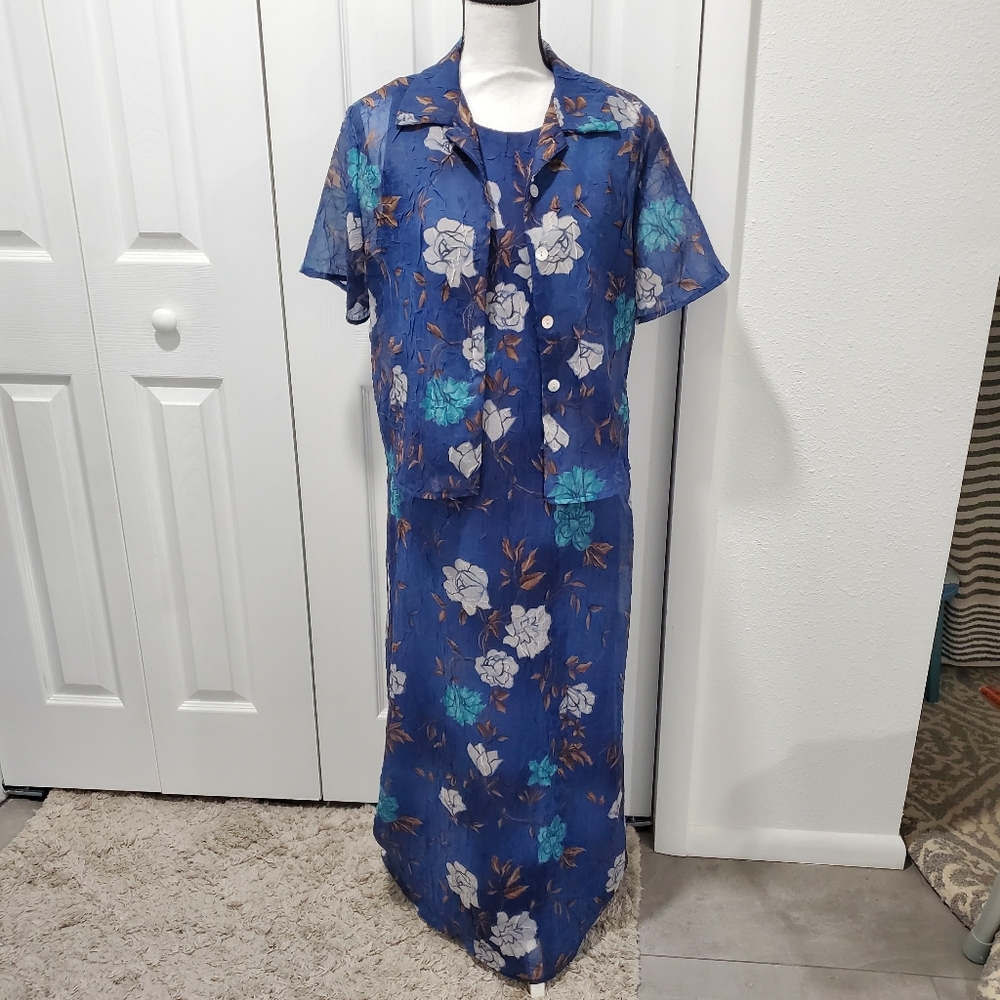 Megan Lee Blue Floral long dress, Size 10
